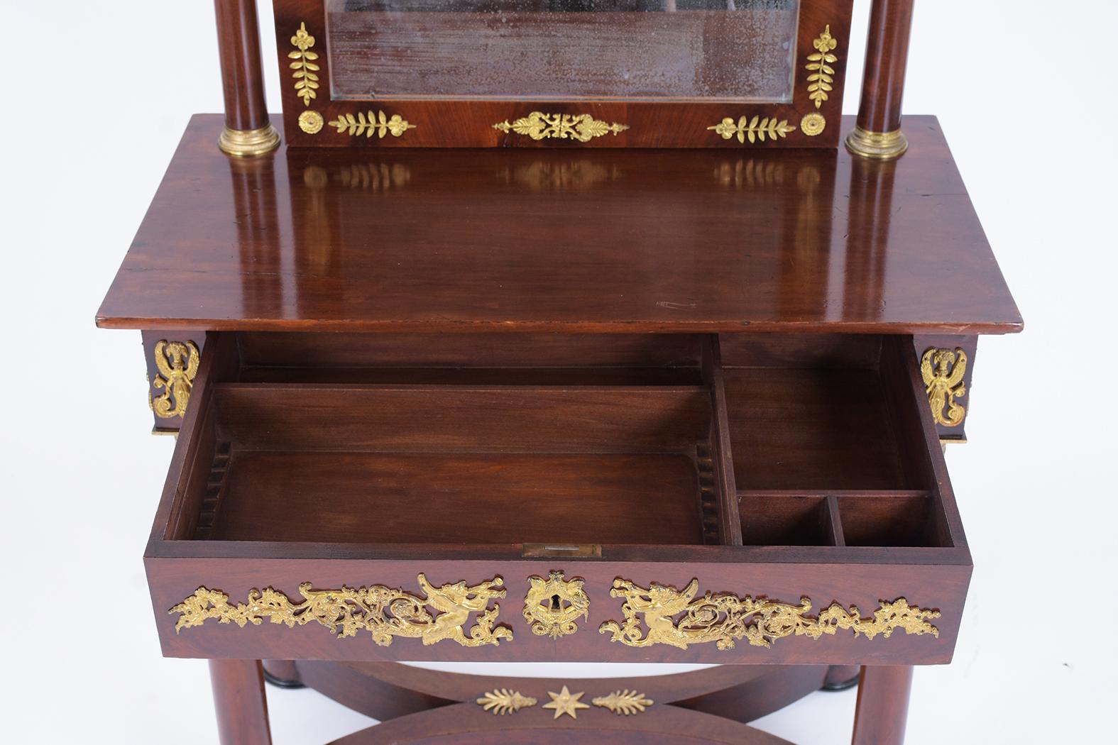 Stained 1840s French Empire Mahogany Vanity Table with Arched Mirror & Bronze Accents For Sale