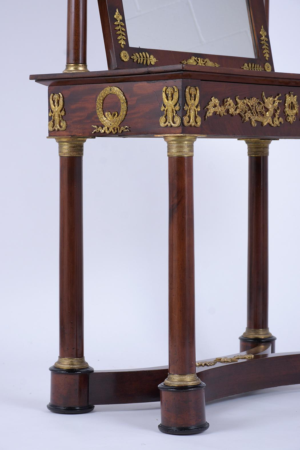Wood 1840s French Empire Mahogany Vanity Table with Arched Mirror & Bronze Accents For Sale