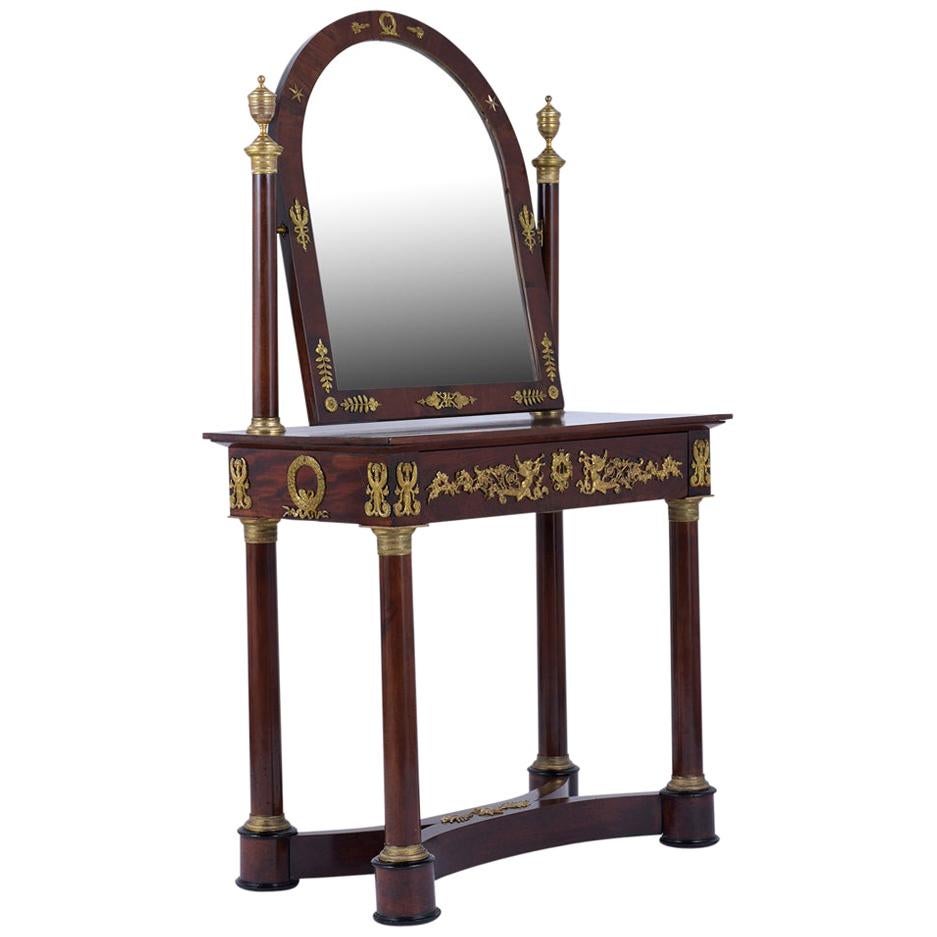 1840er Jahre Französisch Empire Mahagoni Waschtisch mit gewölbten Spiegel & Bronze Akzente im Angebot 2