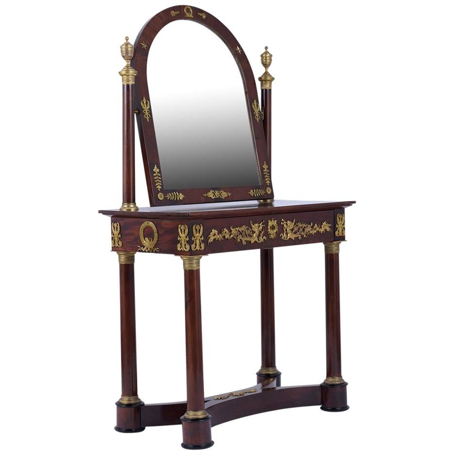 19th Century 1840s French Empire Mahogany Vanity Table with Arched Mirror & Bronze Accents For Sale