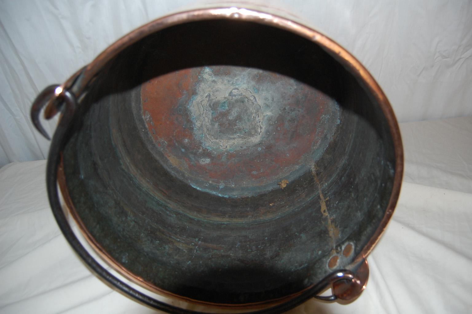 French Mid 19th Century Large Copper Cauldron with Brass Rim for Logs or Plants 1