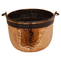 Used French Mid 19th Century Large Copper Cauldron with Swing Handle and Iron Banding