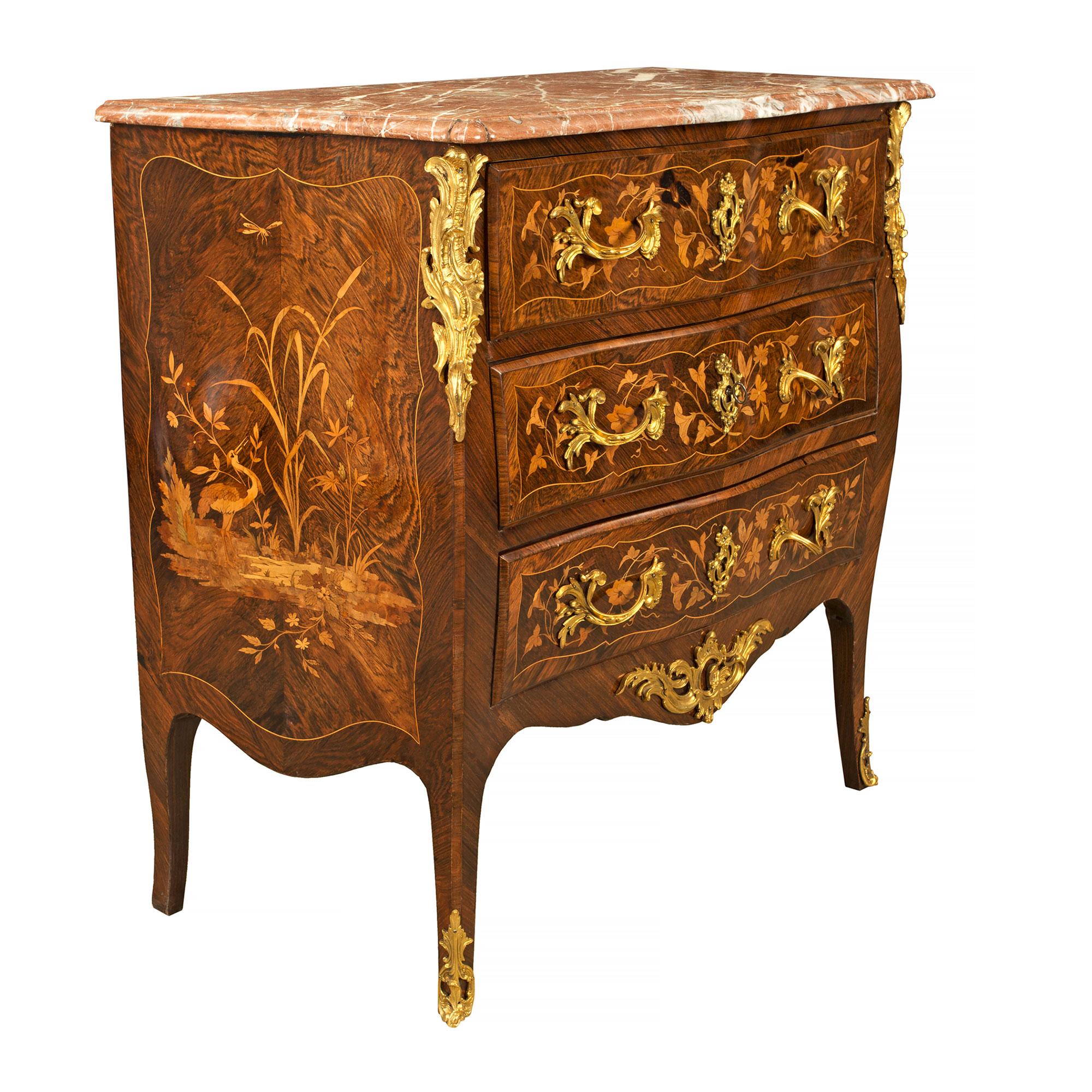French Mid-19th Century Louis XV St. Marquetry and Ormolu, Three-Drawer Chest In Good Condition For Sale In West Palm Beach, FL