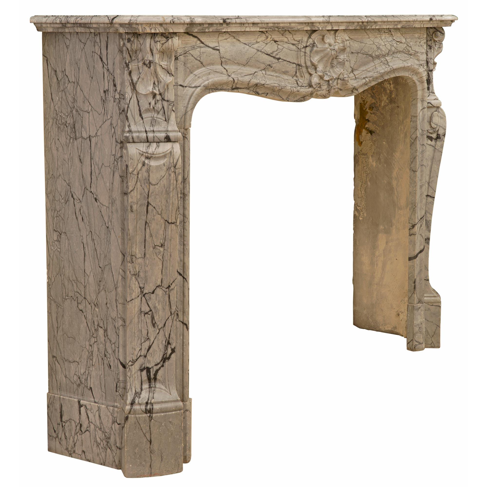 French Mid 19th Century Louis XV St. Sarrancolin Marble Fireplace Mantle In Good Condition For Sale In West Palm Beach, FL