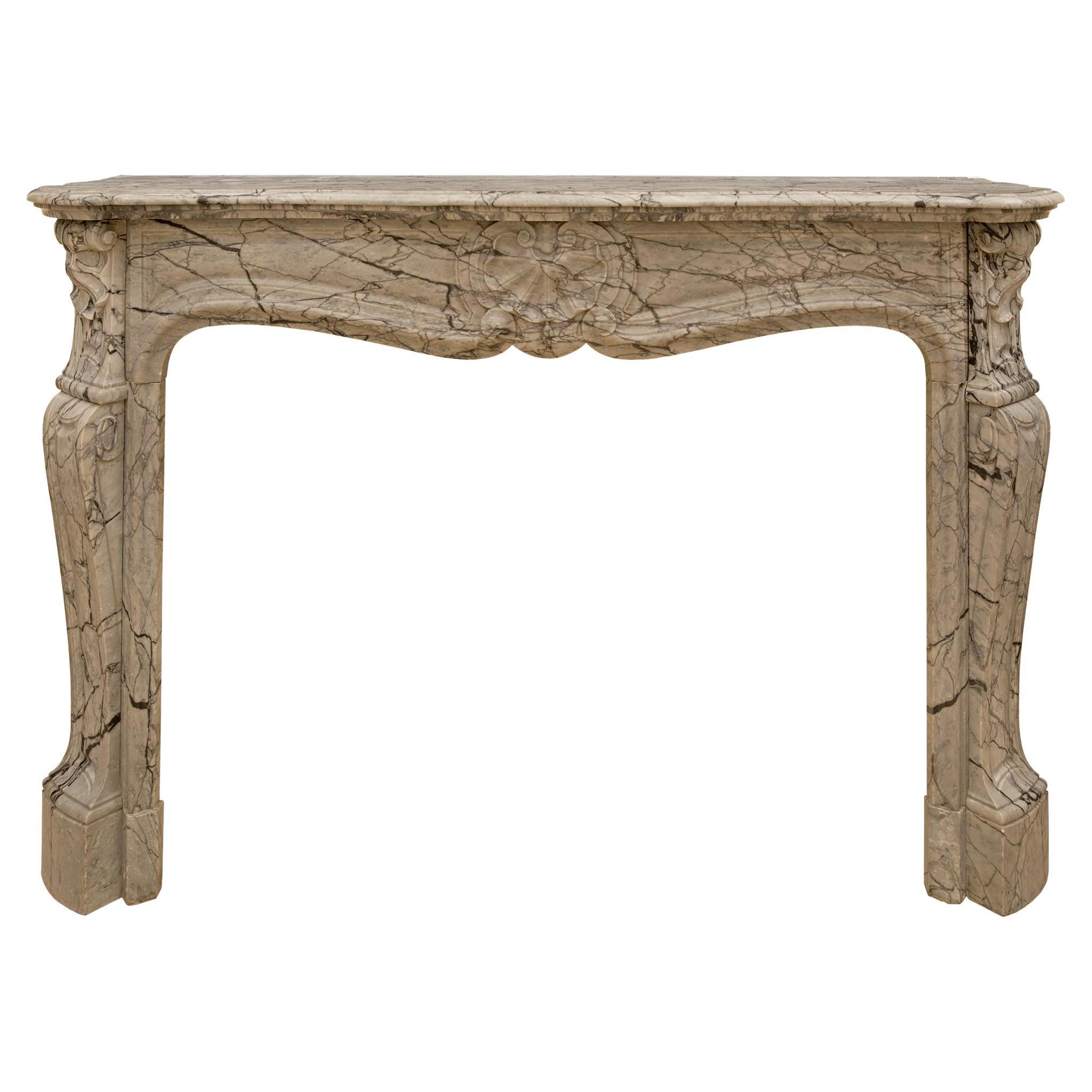 French Mid 19th Century Louis XV St. Sarrancolin Marble Fireplace Mantle