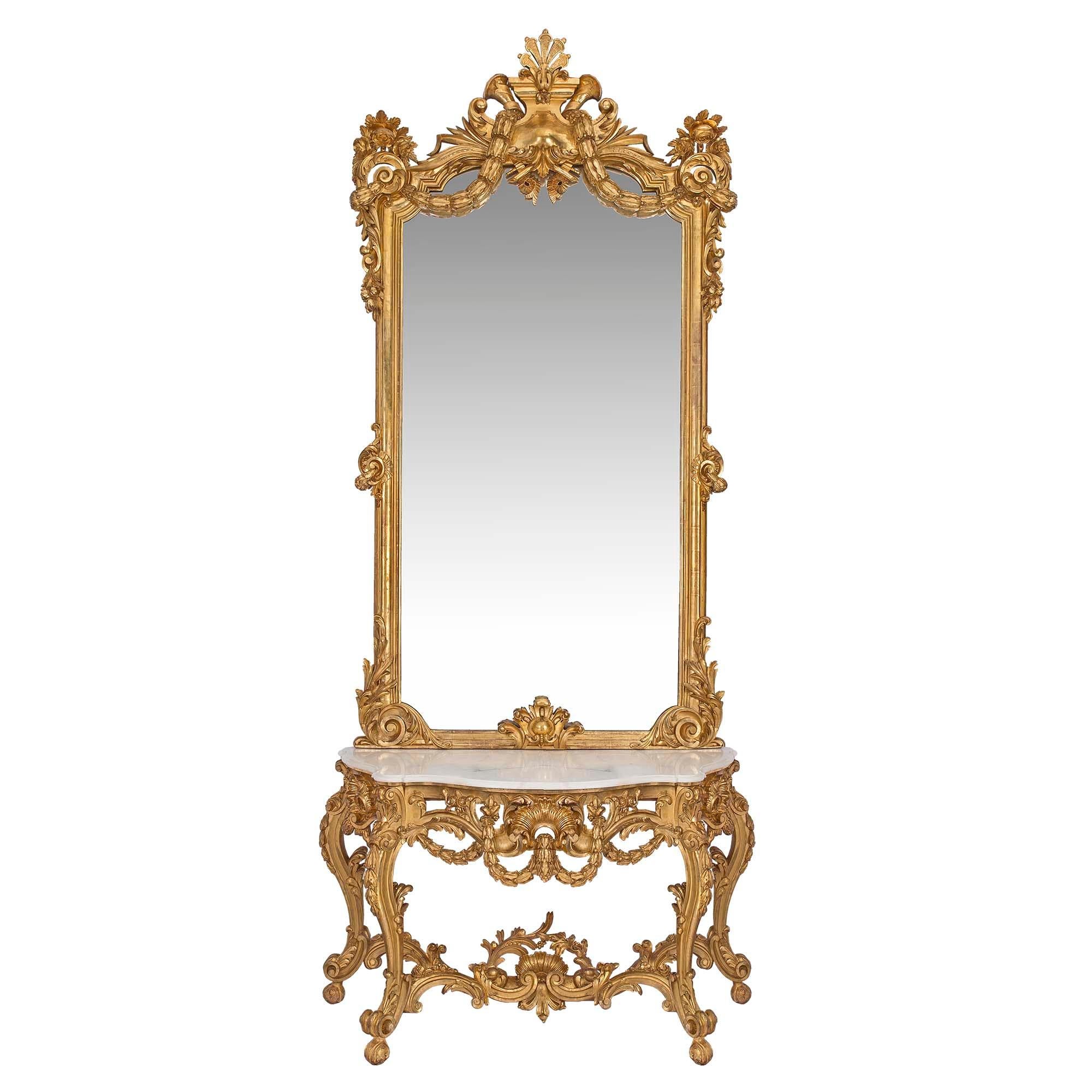 French Mid-19th Century Louis XV Style Giltwood Console and Mirror For Sale