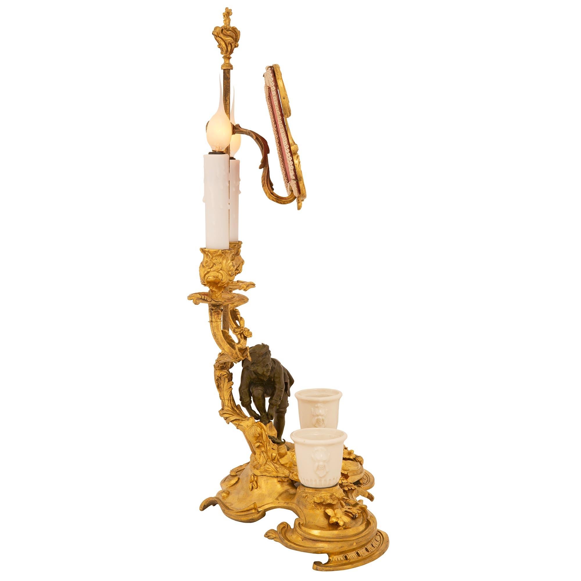 Porcelain French Mid-19th Century Louis XV Style Ormolu Candelabra Lamp For Sale