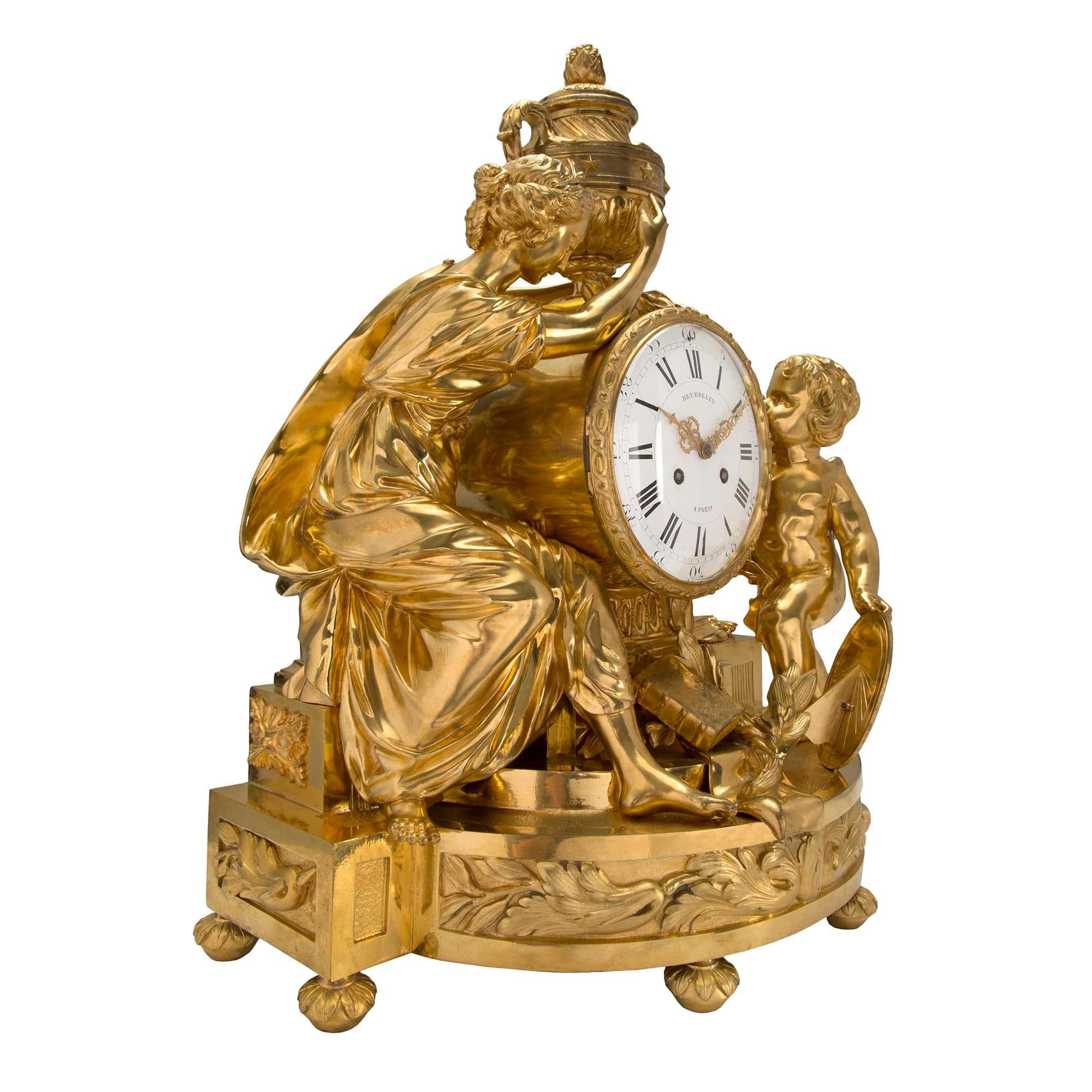 A most spectacular and sensational quality French mid 19th century Louis XVI st. clock in ormolu signed ‘BEURDELEY À PARIS’. The large scaled clock is raised by bun supports decorated by leaves below a double level platform with a front and side