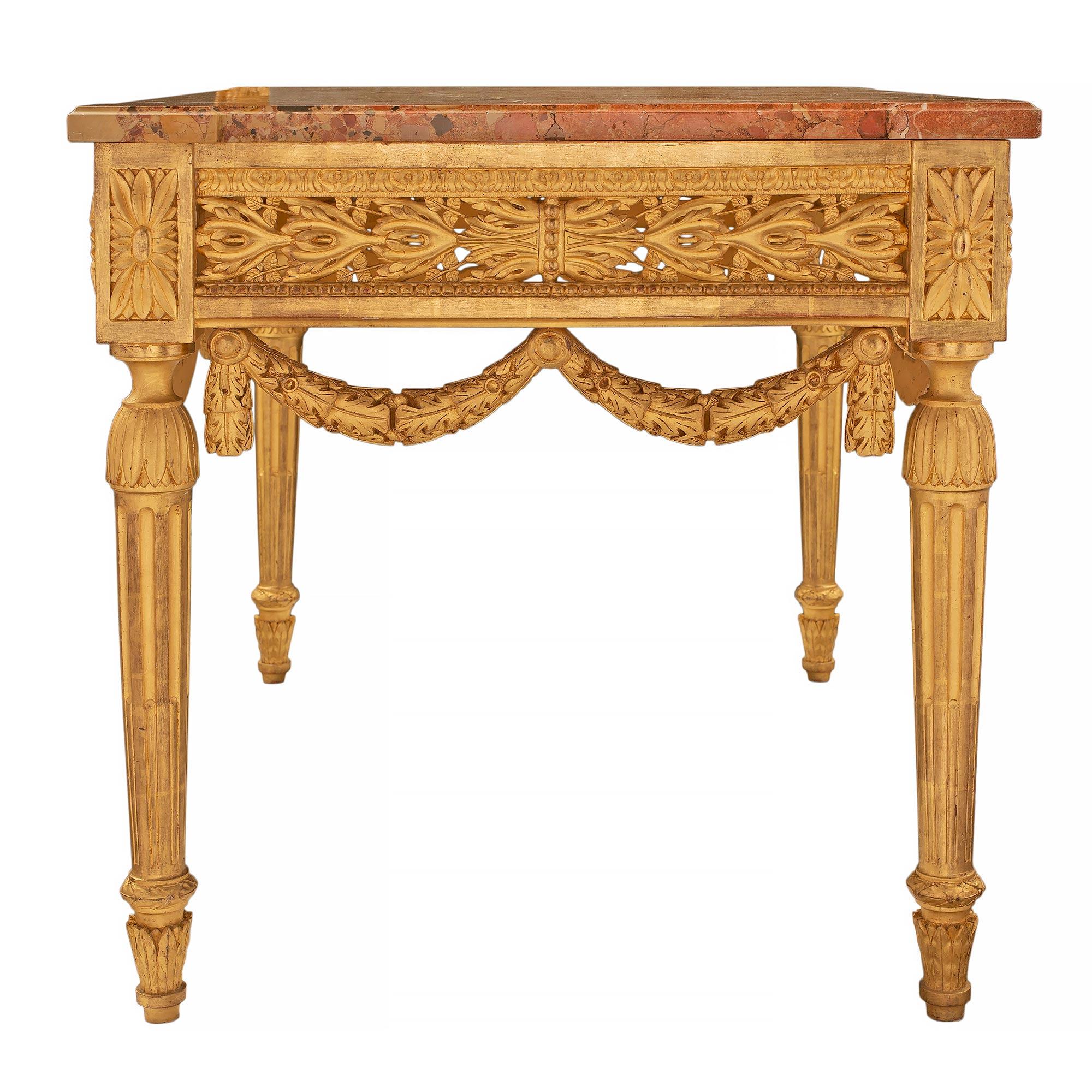 French Mid-19th Century Louis XVI St. Giltwood and Marble Center Table For Sale 1