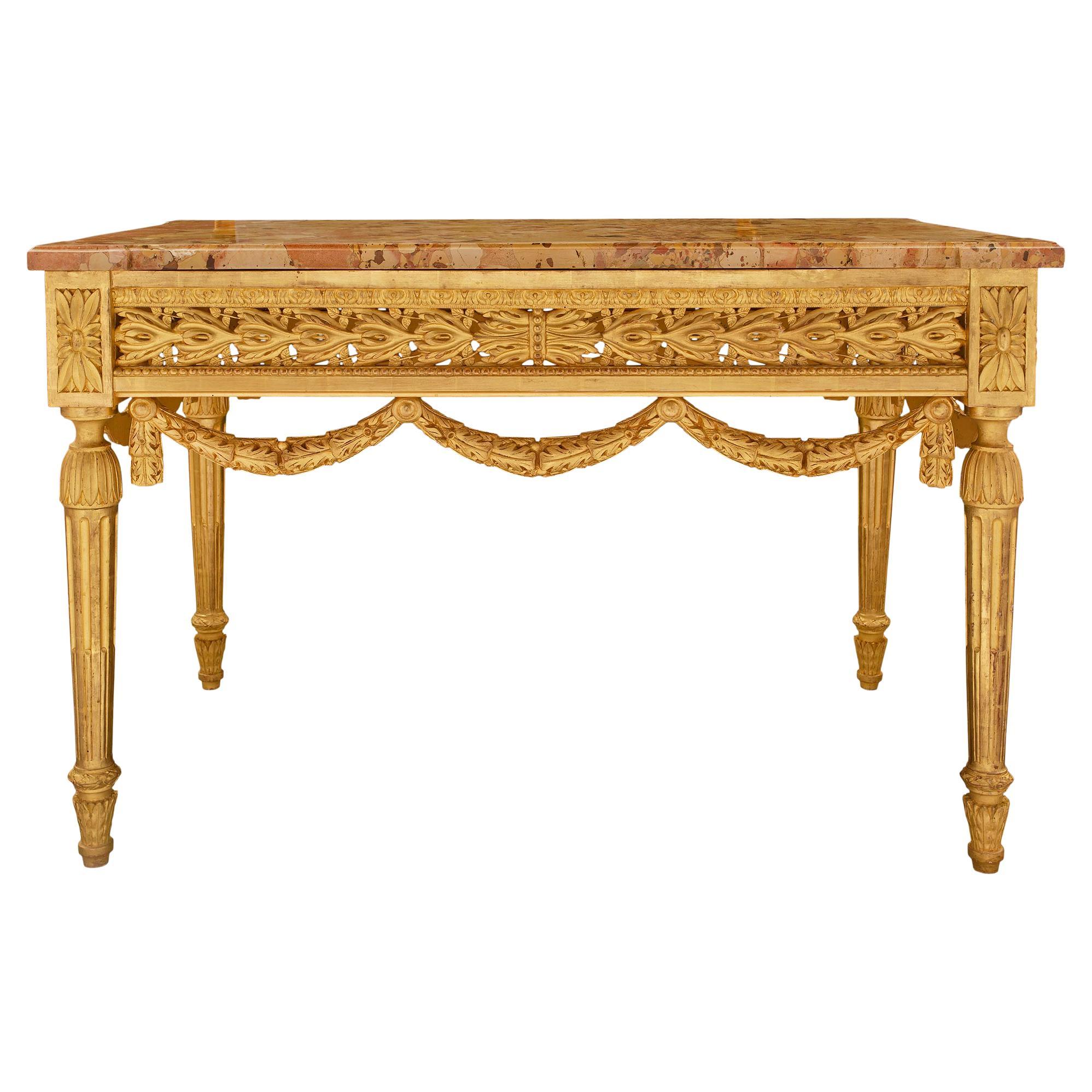 French Mid-19th Century Louis XVI St. Giltwood and Marble Center Table For Sale