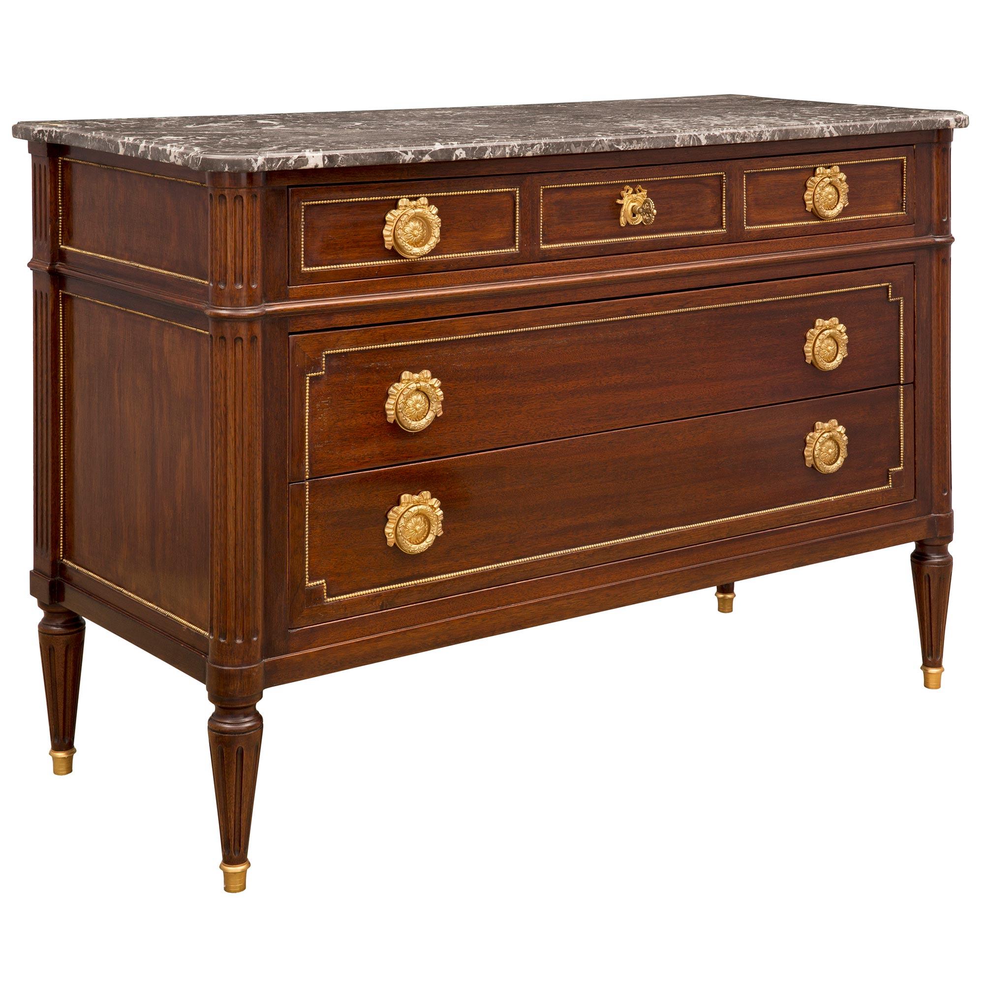 French Mid 19th Century Louis XVI St. Mahogany, Ormolu, and Marble Chest In Good Condition In West Palm Beach, FL