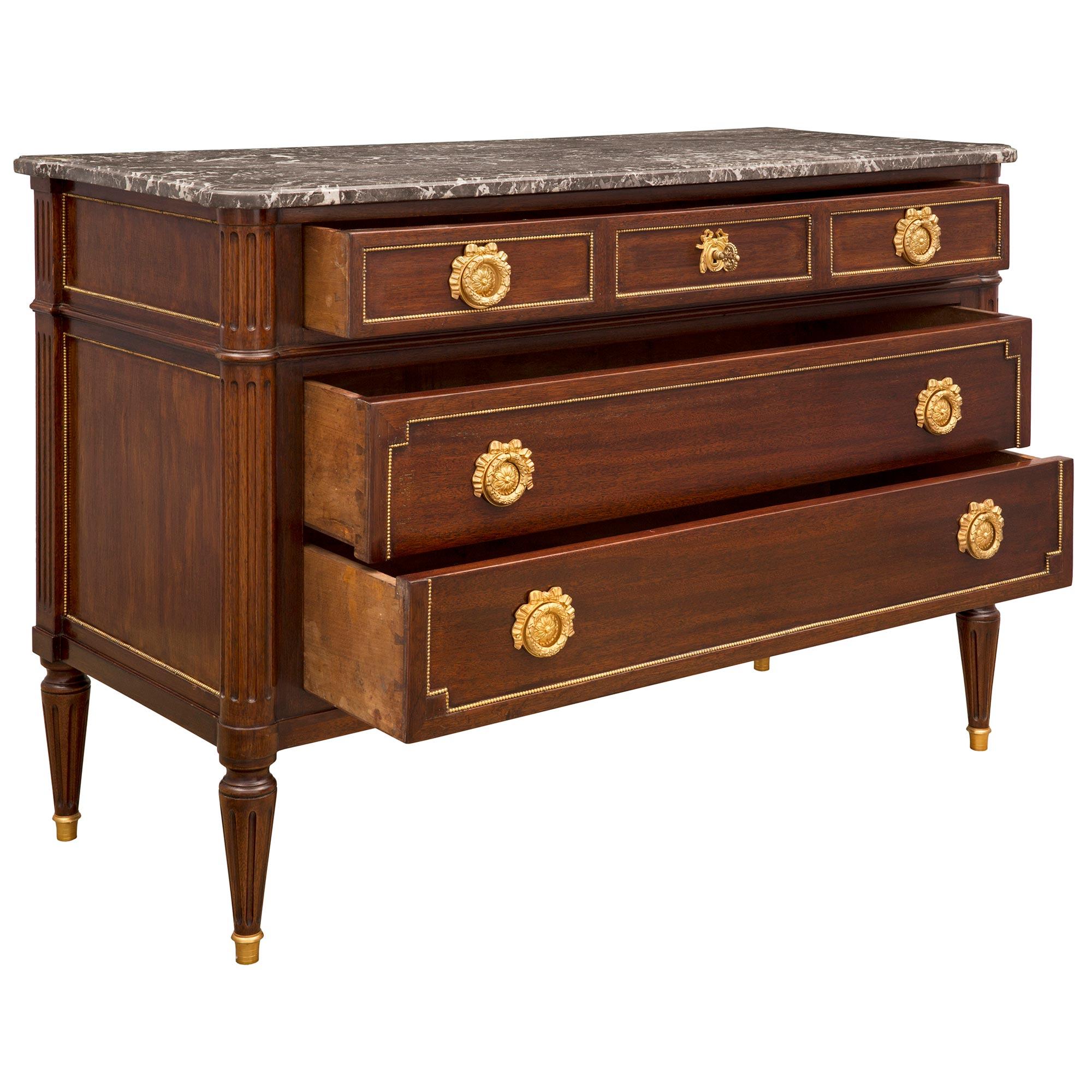 French Mid 19th Century Louis XVI St. Mahogany, Ormolu, and Marble Chest 1