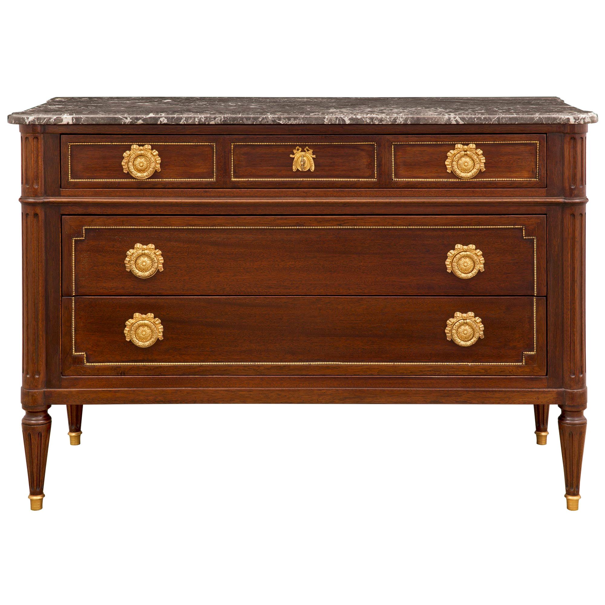 French Mid 19th Century Louis XVI St. Mahogany, Ormolu, and Marble Chest