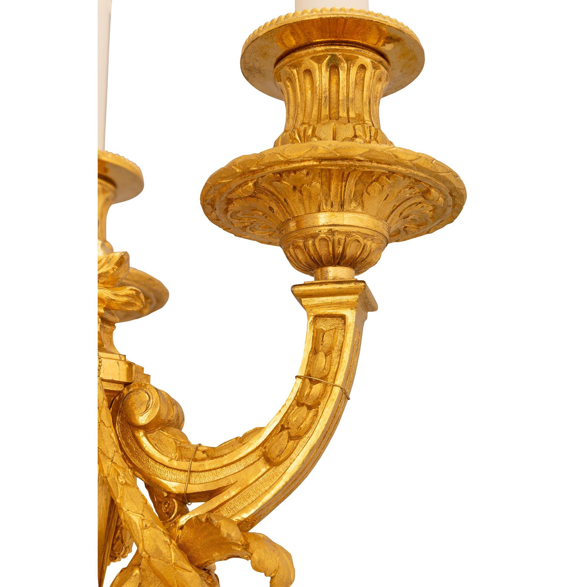 French Mid-19th Century Louis XVI St. Ormolu Three-Light Candelabra Lamps For Sale 1