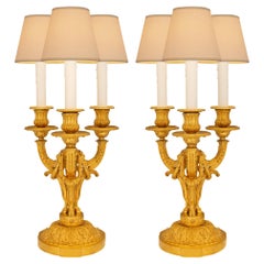 French Mid-19th Century Louis XVI St. Ormolu Three-Light Candelabra Lamps