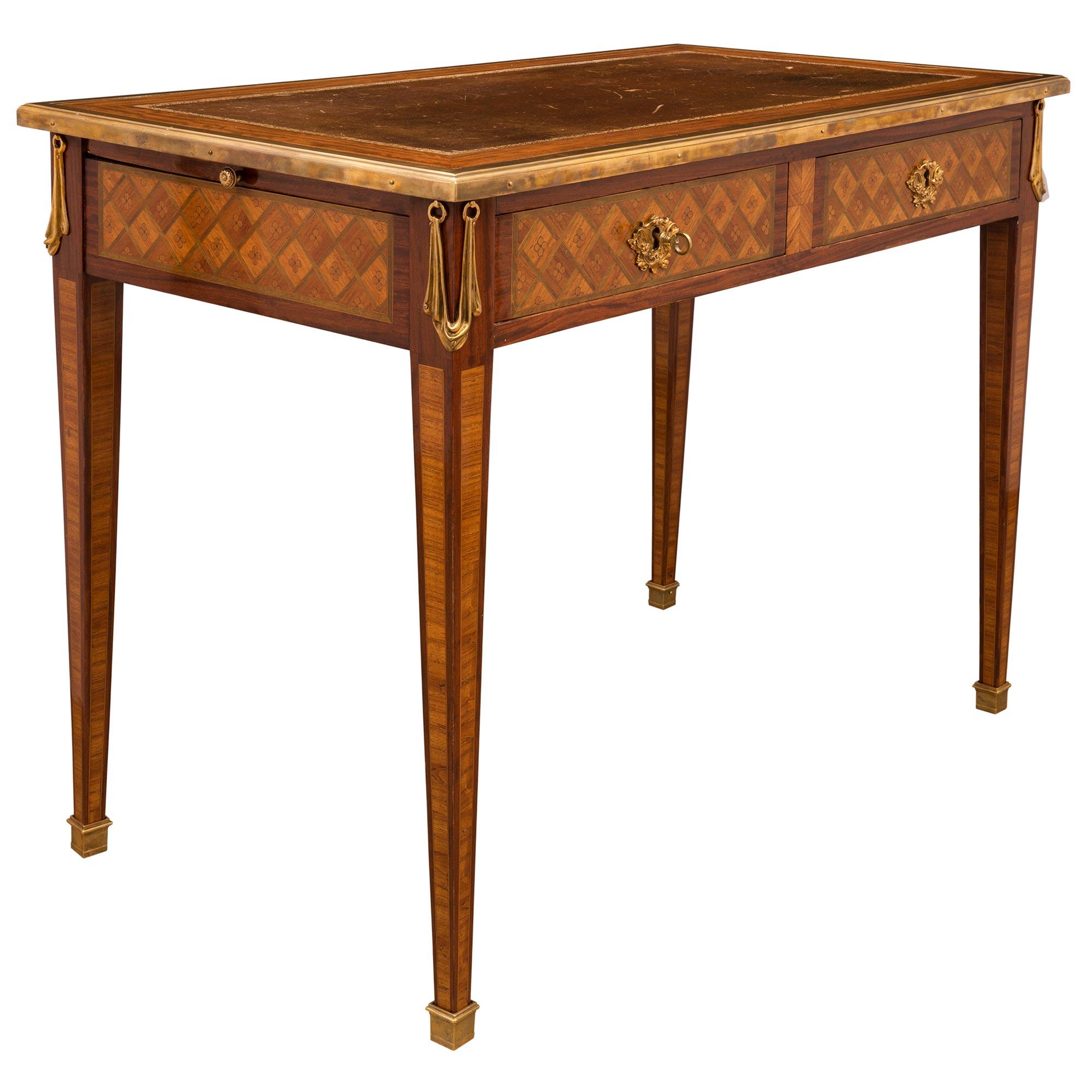 Ormolu French Mid-19th Century Louis XVI Style Tulipwood, Kingwood and Charmwood Desk For Sale