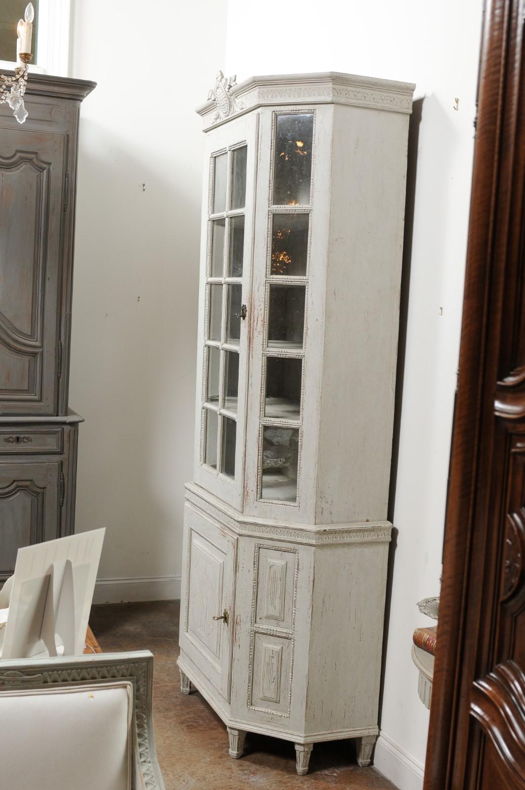 Carved French Mid-19th Century Louis XVI Style Two-Part Vitrine with Original Finish For Sale