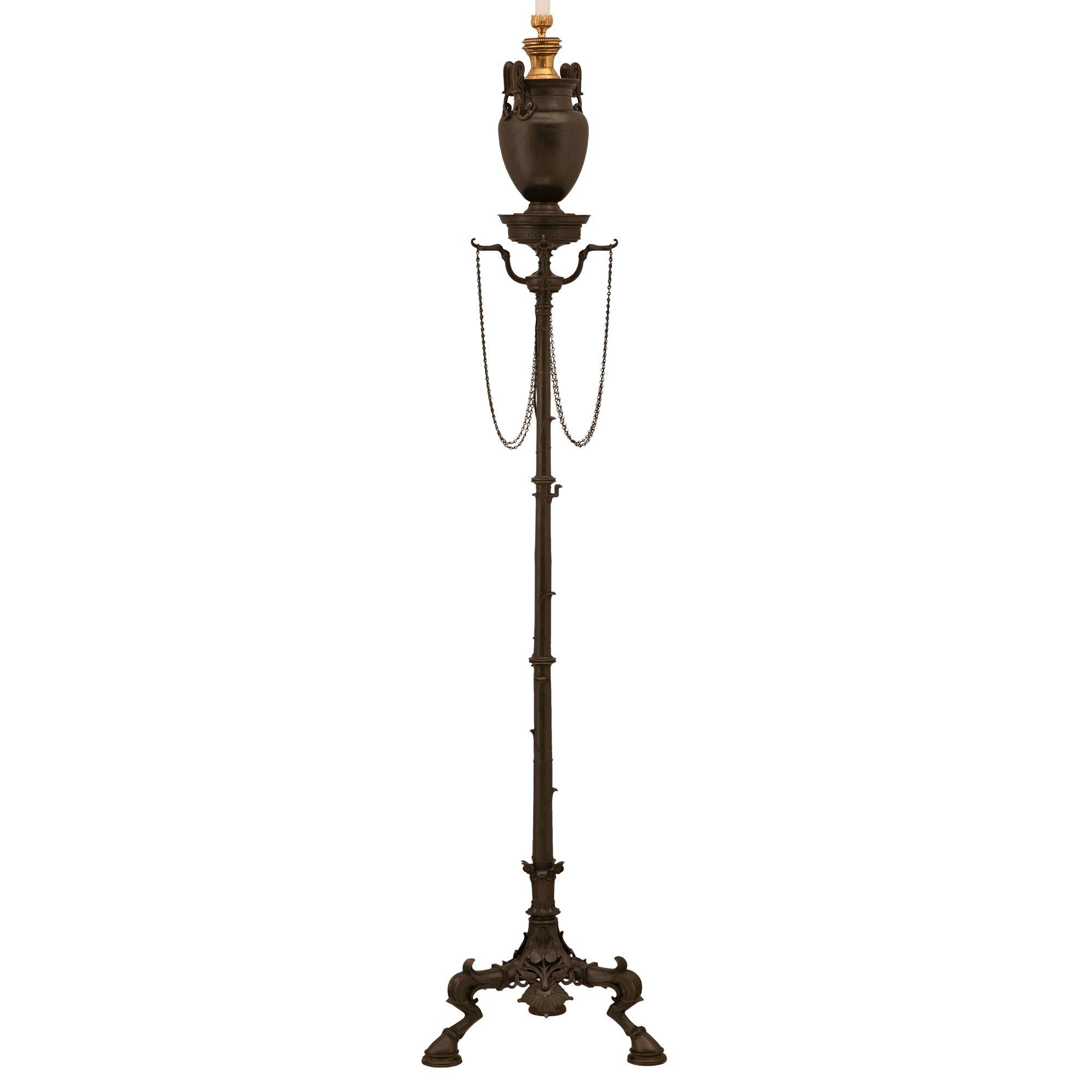 Patinated French Mid-19th Century Neoclassical Style Solid Bronze and Ormolu Floor Lamp For Sale