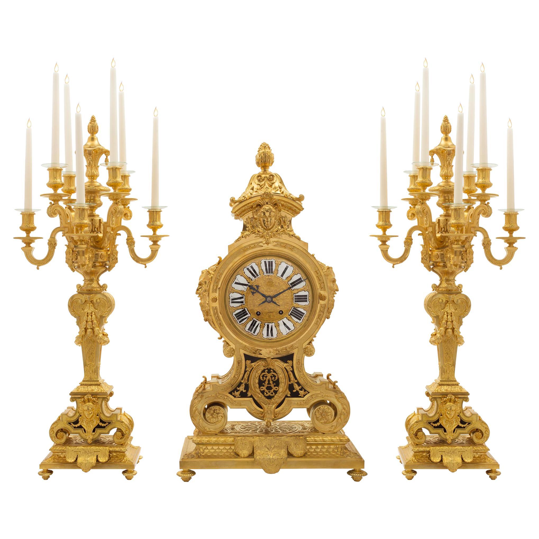 H&F Paris Three Piece Clock Set, Bronze, 19th Century, Candelabra