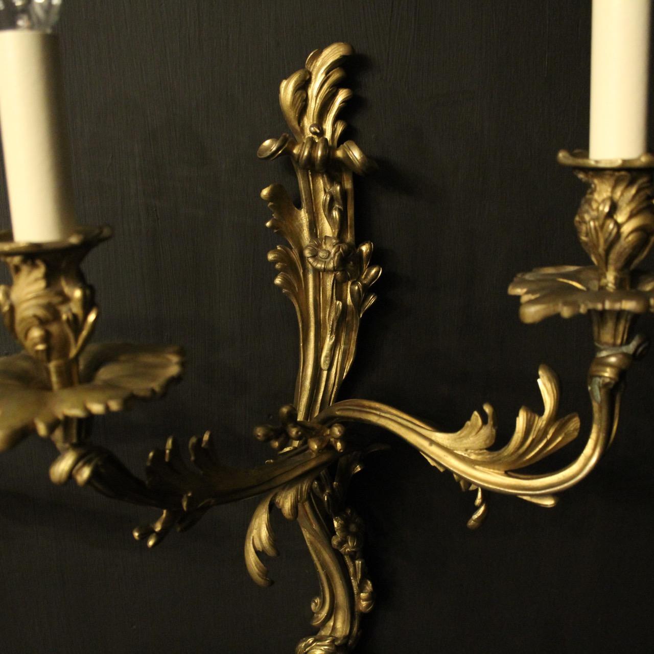 Rococo Revival French Mid-19th Century Pair of Gilded Bronze Antique Wall Sconces