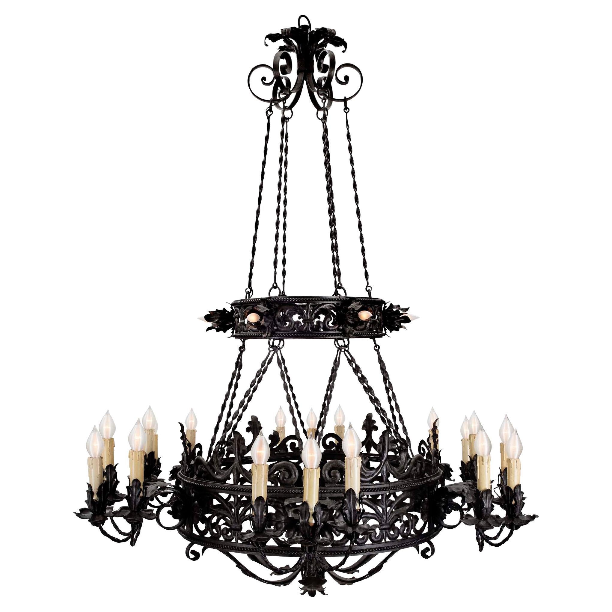French Mid 19th Century Patinated Wrought Iron 24 Light Chandelier