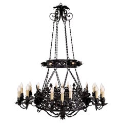 Antique French Mid 19th Century Patinated Wrought Iron 24 Light Chandelier