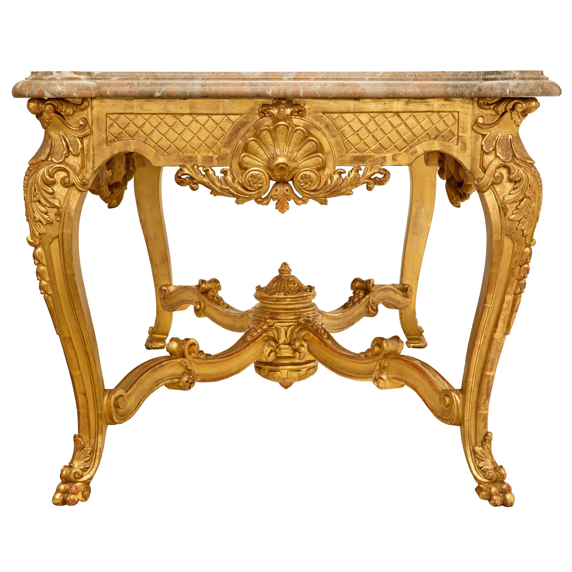 French Mid-19th Century Régence St. Giltwood and Marble Center Table For Sale 1