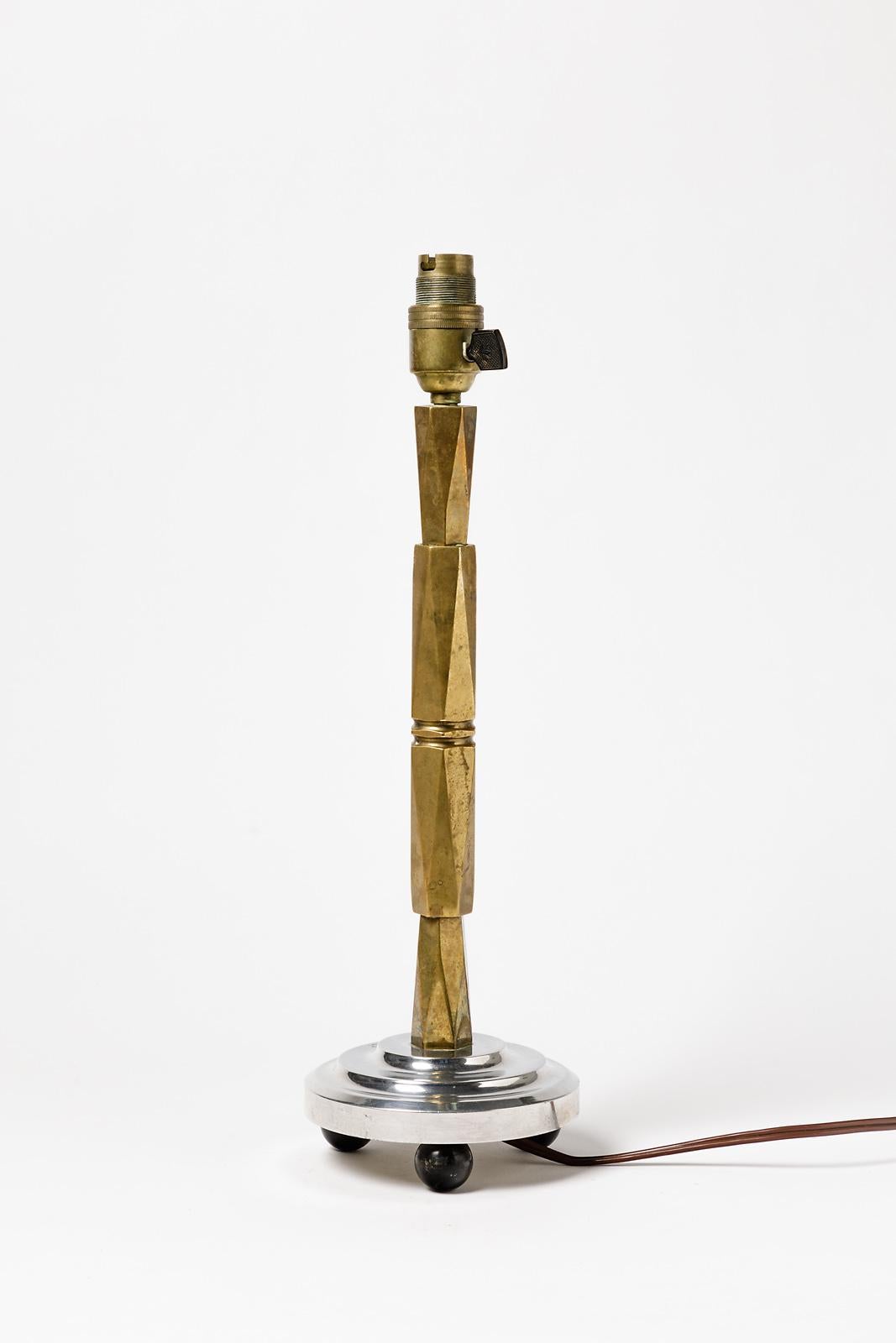French Mid-20th Century Art Decorative Golden Brass and Metal Table Lamp, circa 1930
