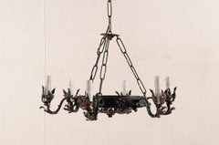 Mid-20th C. Circular Iron Chandelier with Leaf Motif on Bobeches and Arms