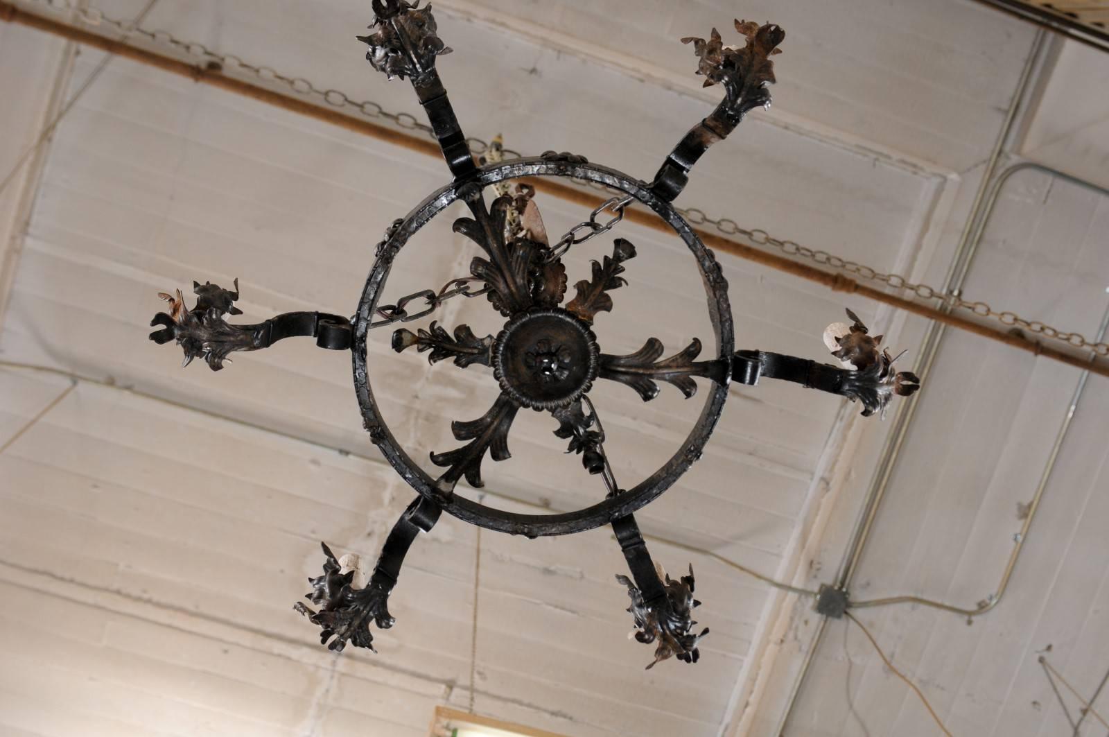 Metal Mid-20th Century Ring Shaped Dark Iron Chandelier with Floral and Leaf Motifs For Sale