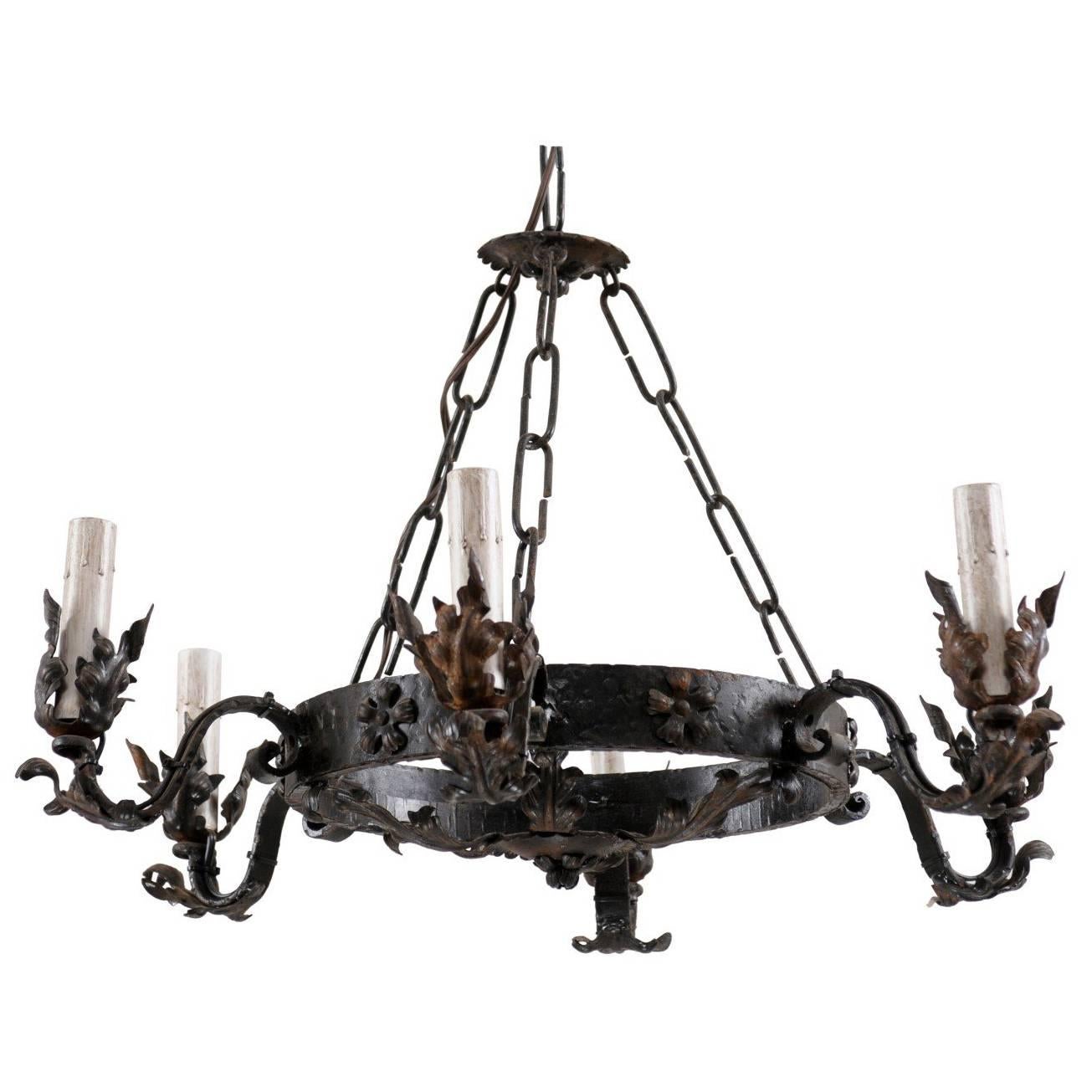 Mid-20th Century Ring Shaped Dark Iron Chandelier with Floral and Leaf Motifs