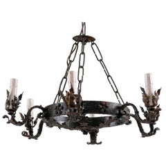 Mid-20th Century Ring Shaped Dark Iron Chandelier with Floral and Leaf Motifs