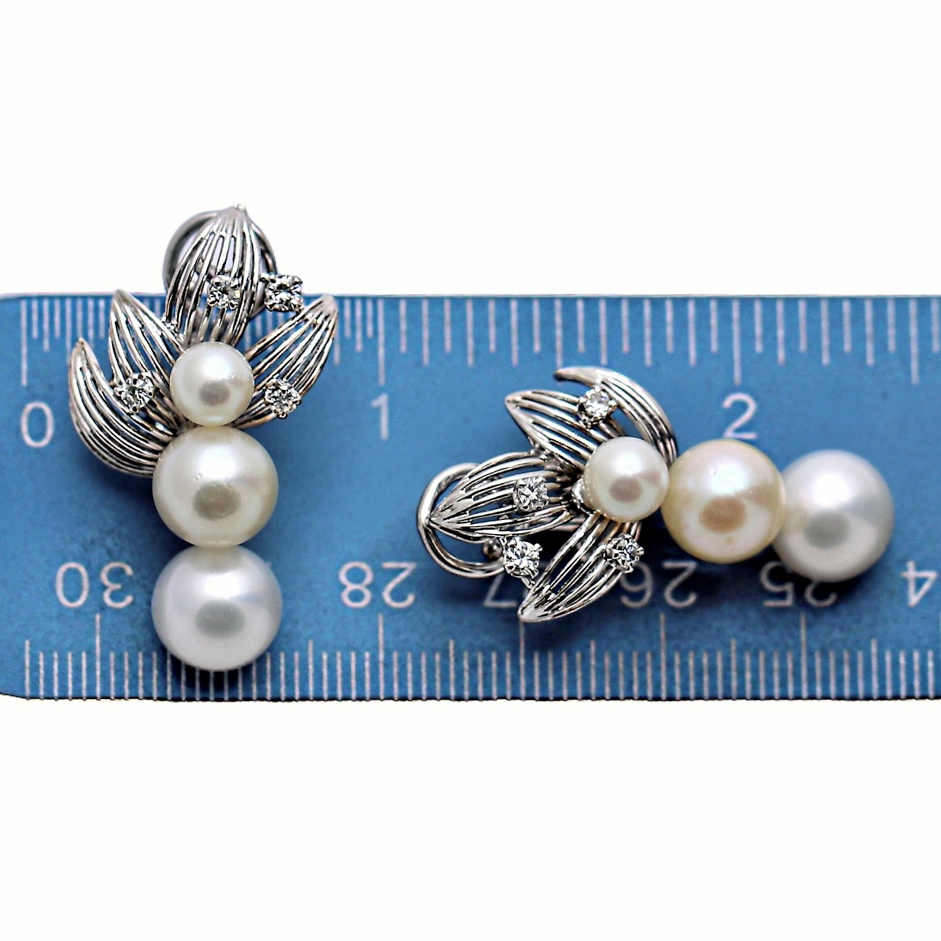 Women's French Mid-20th Century 18K White Gold, Pearl and Diamond Earrings For Sale