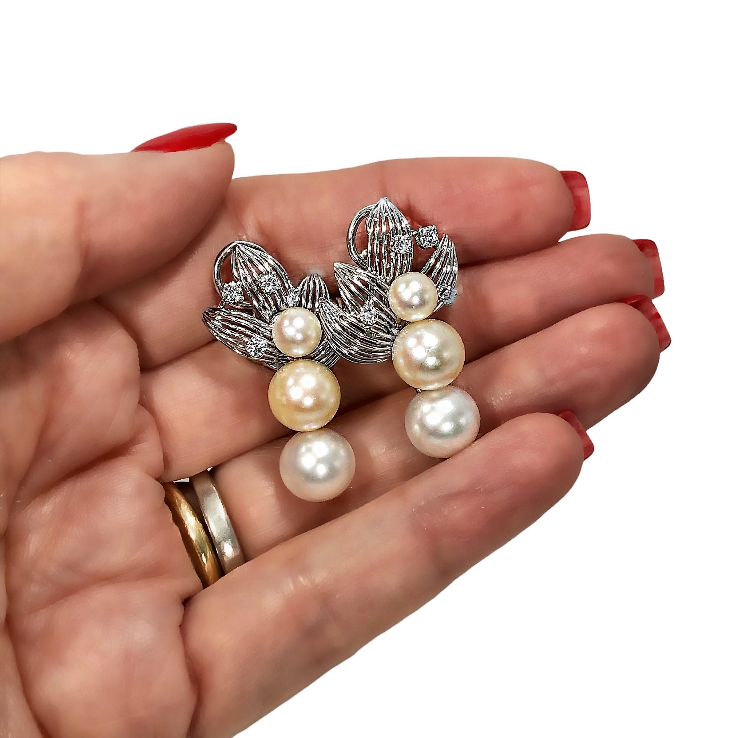 French Mid-20th Century 18K White Gold, Pearl and Diamond Earrings For Sale 1