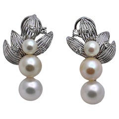 Vintage French Mid-20th Century 18K White Gold, Pearl and Diamond Earrings