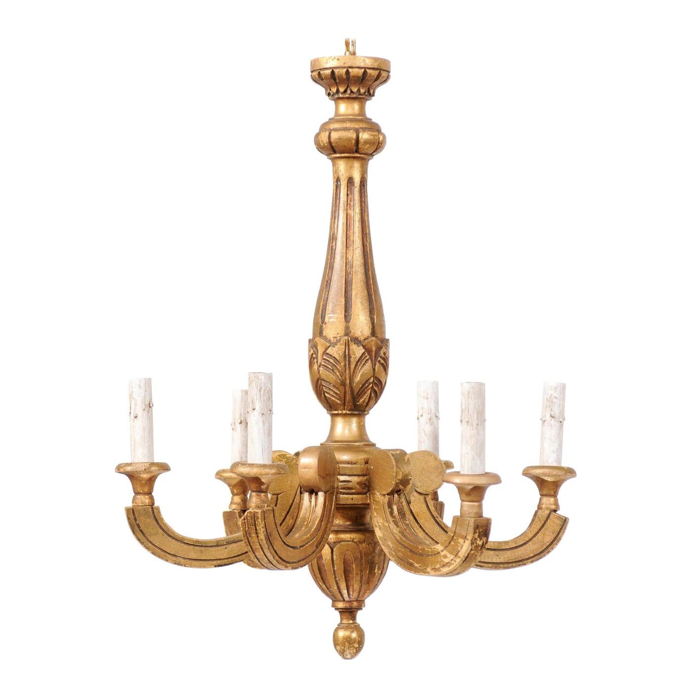 French Mid-20th Century 6-Light Giltwood Chandelier For Sale