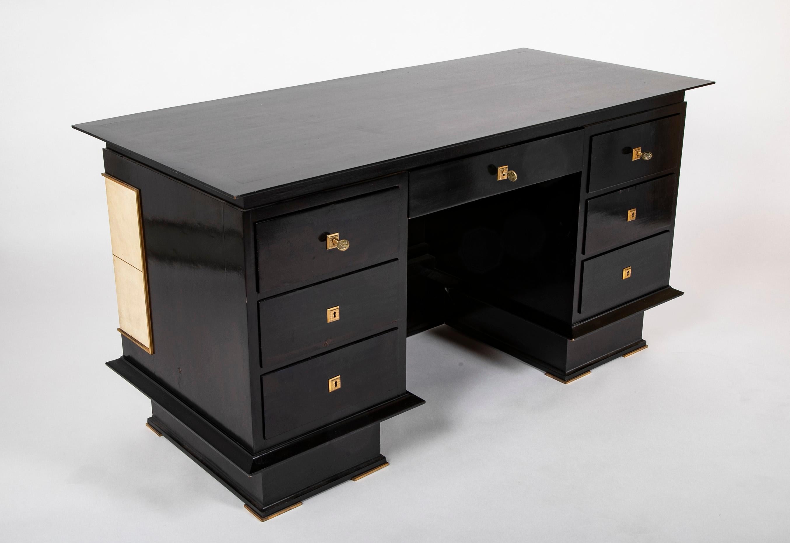 Mid-Century Modern French Mid-20th Century Black Lacquer and Parchment Desk with Bronze Mounts