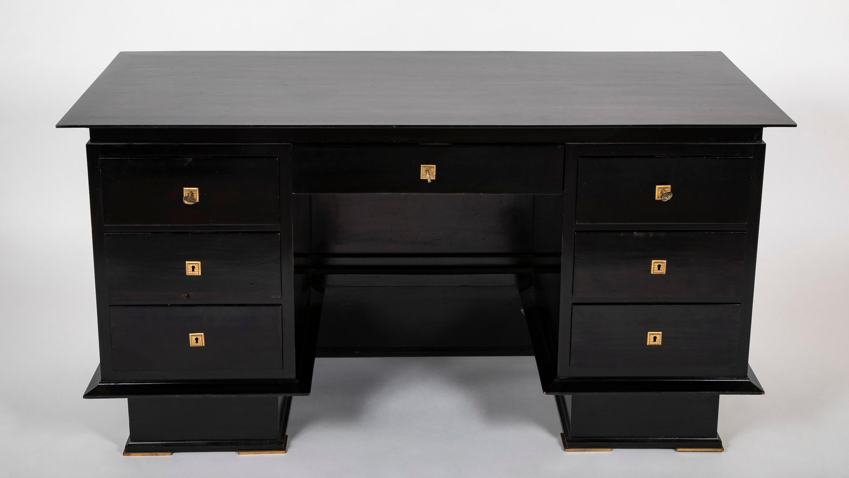 Lacquered French Mid-20th Century Black Lacquer and Parchment Desk with Bronze Mounts