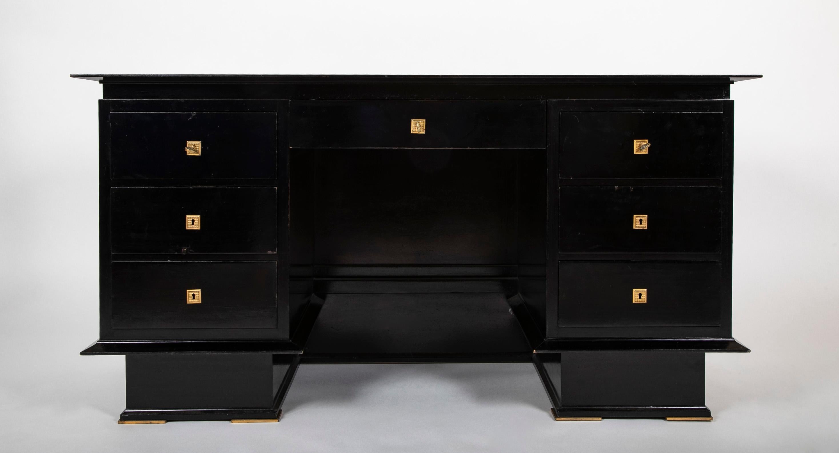 French Mid-20th Century Black Lacquer and Parchment Desk with Bronze Mounts In Good Condition In Stamford, CT