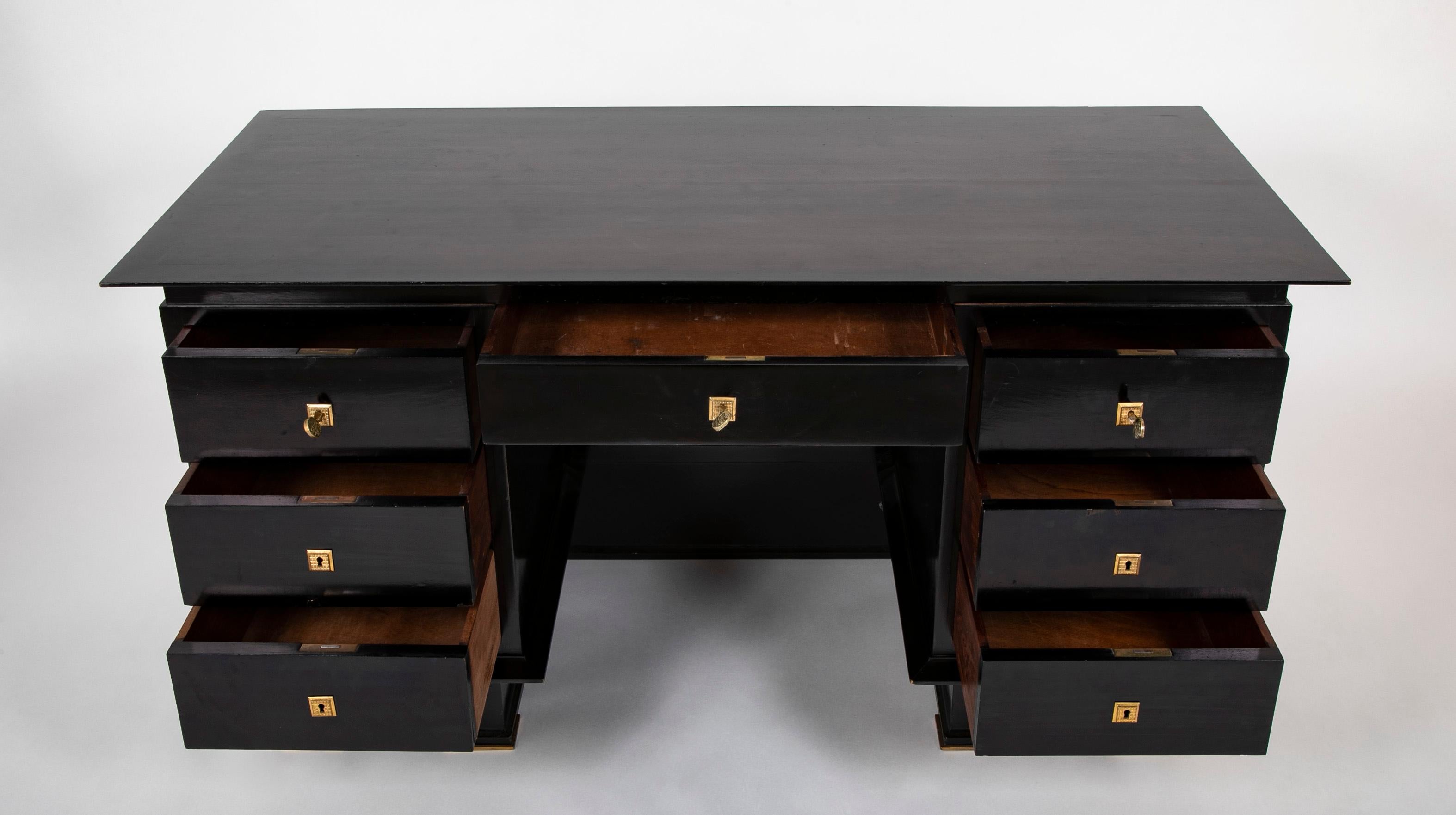 French Mid-20th Century Black Lacquer and Parchment Desk with Bronze Mounts 1