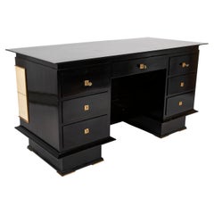French Mid-20th Century Black Lacquer and Parchment Desk with Bronze Mounts