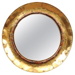 French mid 20th Century Miroir rond en laiton avec rivets