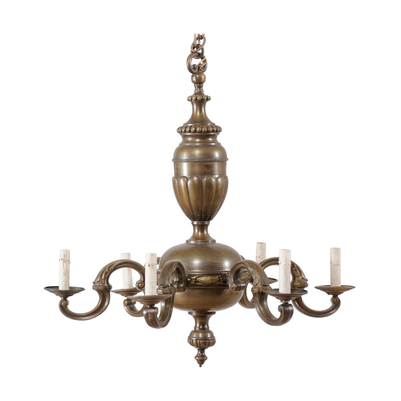 French Mid-20th Century Bronze Chandelier with Six Lights