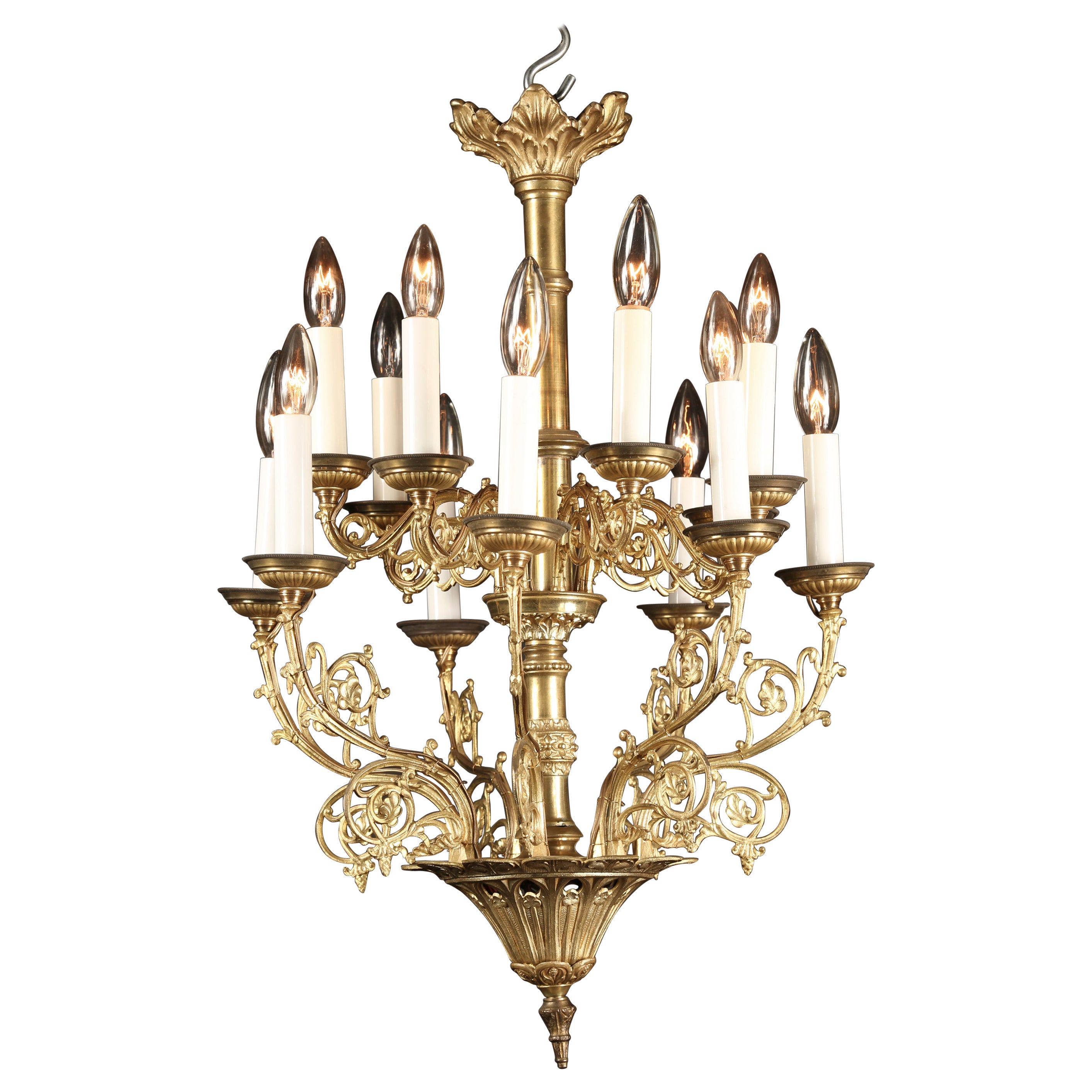 Lustre à deux niveaux en bronze, style Louis XVI, milieu du 20e siècle