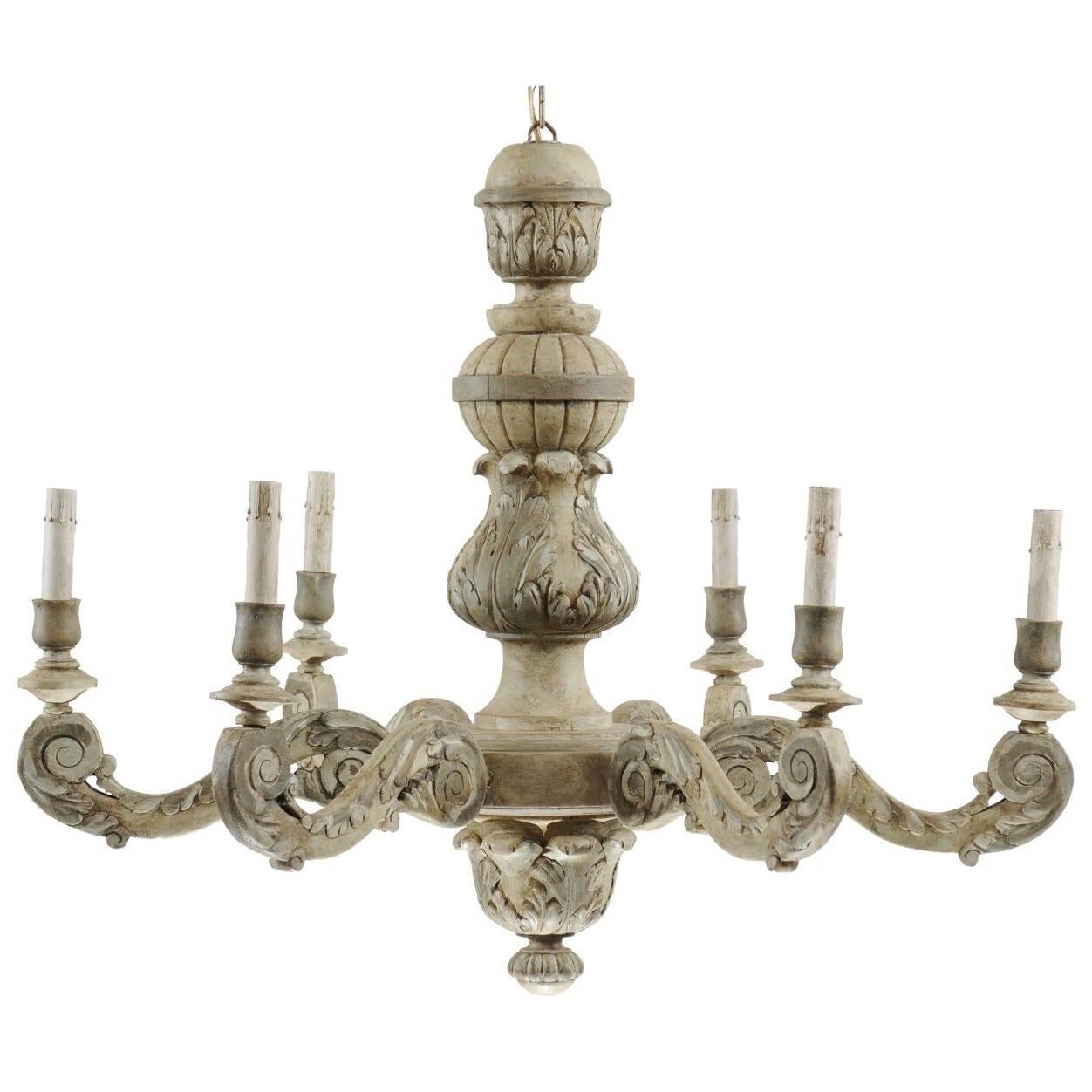 French Mid-20th Century Carved and Painted Wood Six-Light Chandelier