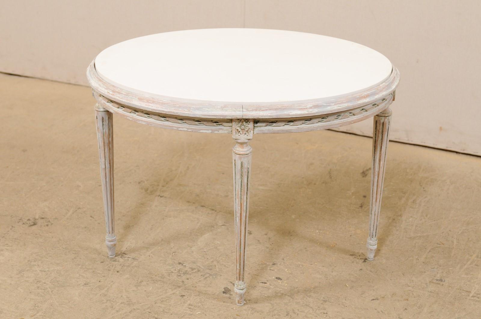 French Mid-20th Century Carved-Ribbon Motif Wood Oval Table with New Quartz Top 2