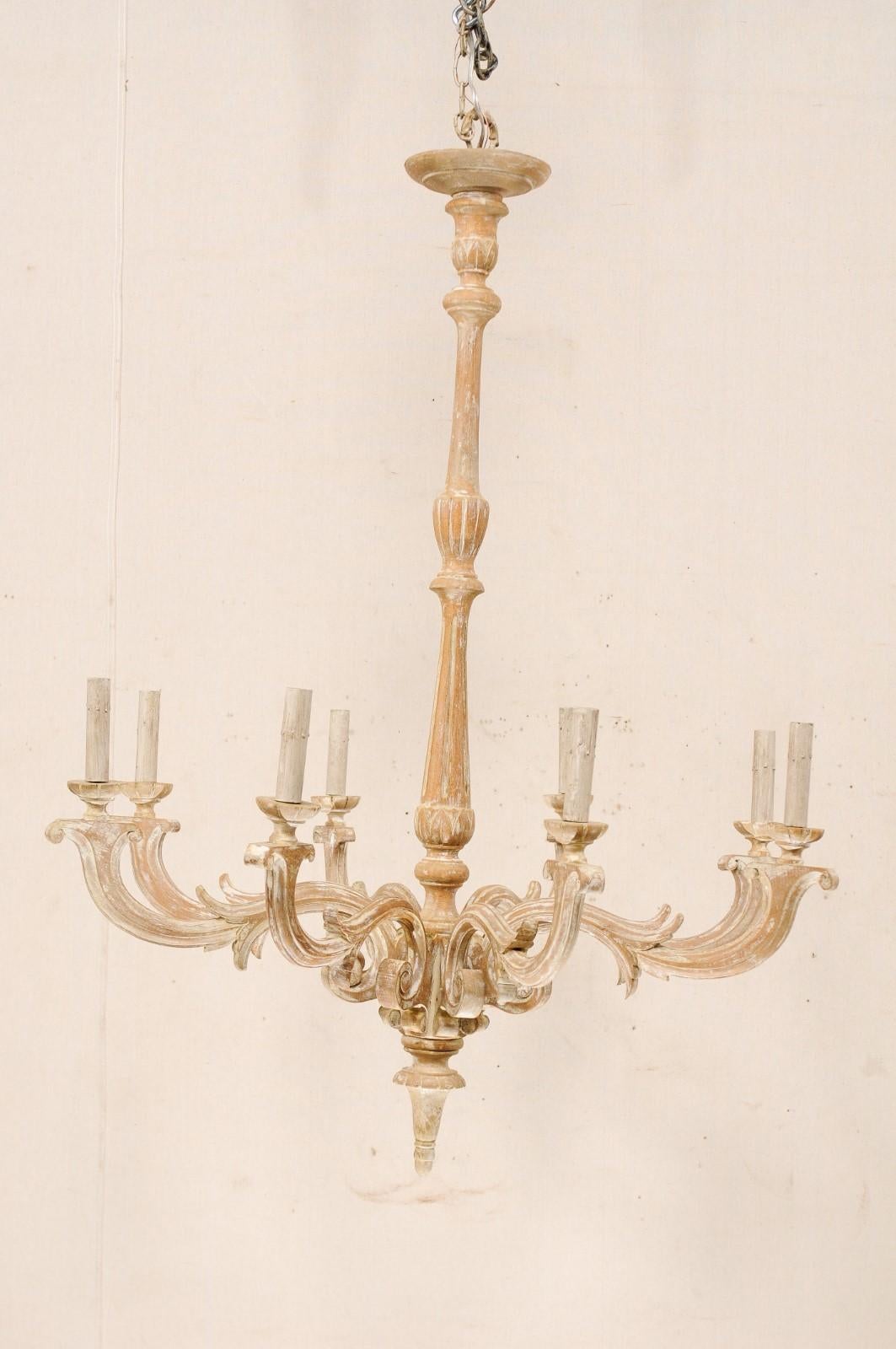 French Mid-20th Century Carved Wood Chandelier with White Painted Accents In Good Condition In Atlanta, GA