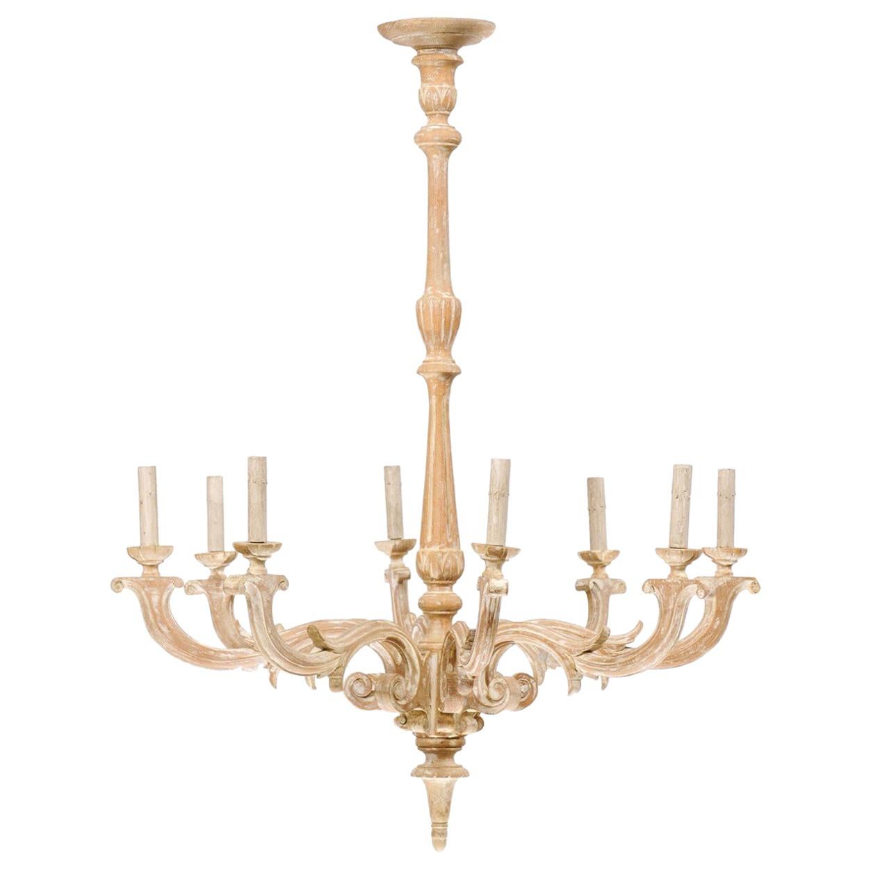 French Mid-20th Century Carved Wood Chandelier with White Painted Accents