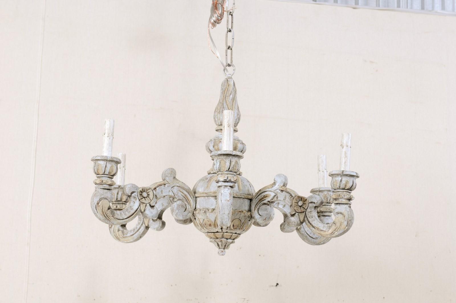 French Mid-20th Century Carved Wood Light Blue Chandelier In Good Condition In Atlanta, GA