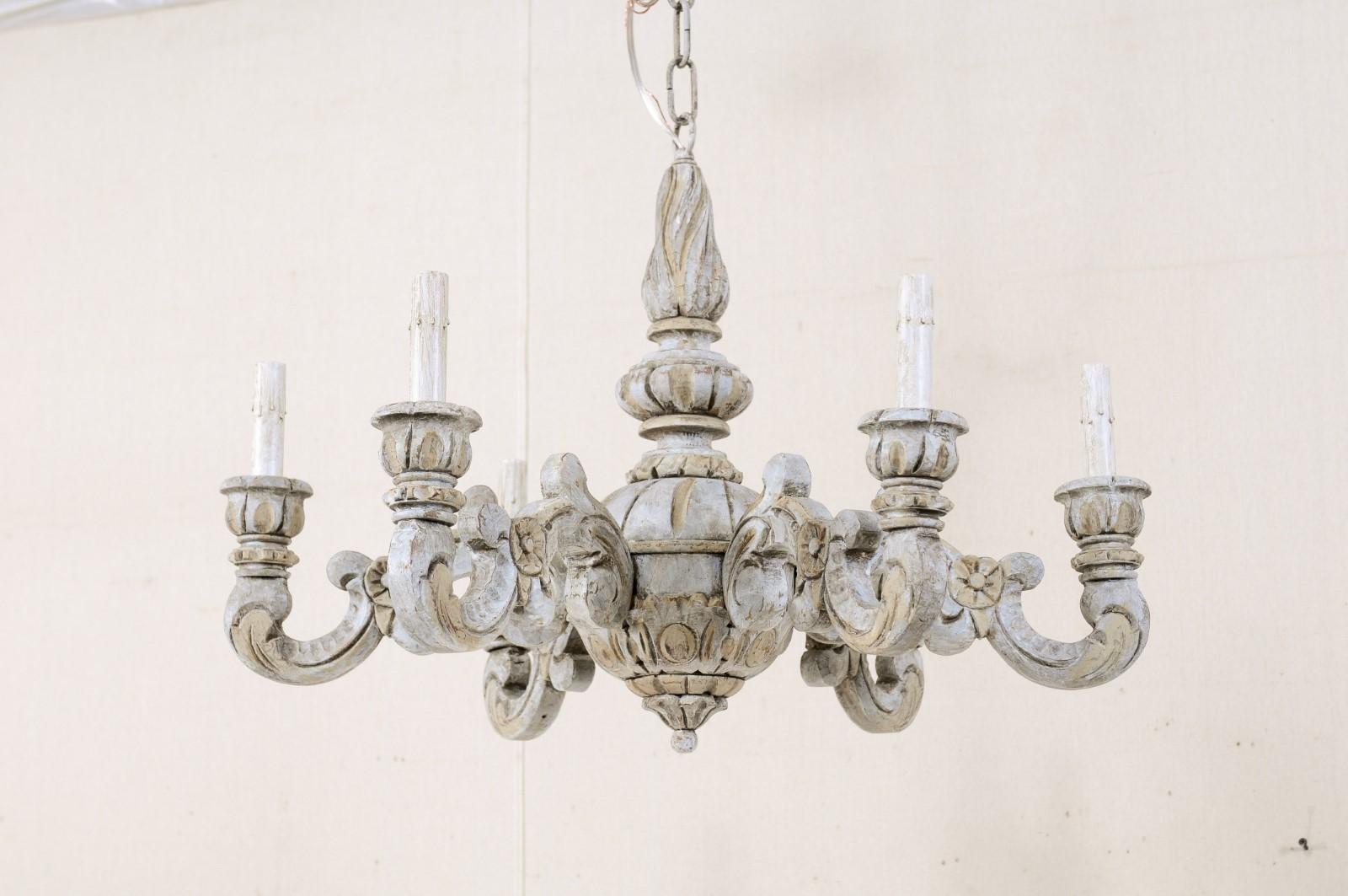 French Mid-20th Century Carved Wood Light Blue Chandelier 1